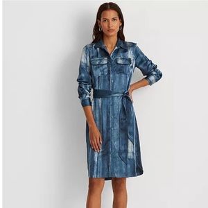 NWOT Lauren Ralph Lauren Tie-Dye Print Satin Shirtdress Blue and White Size 10